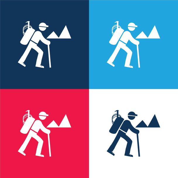 Backpacker Hiking blue and red four color minimal icon set - Vector, Image