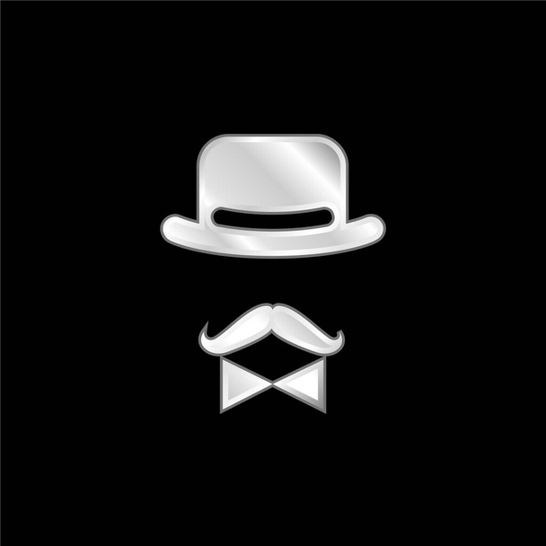 Carácter masculino antiguo de un sombrero Un arco y un bigote plateado icono metálico - Vector, imagen