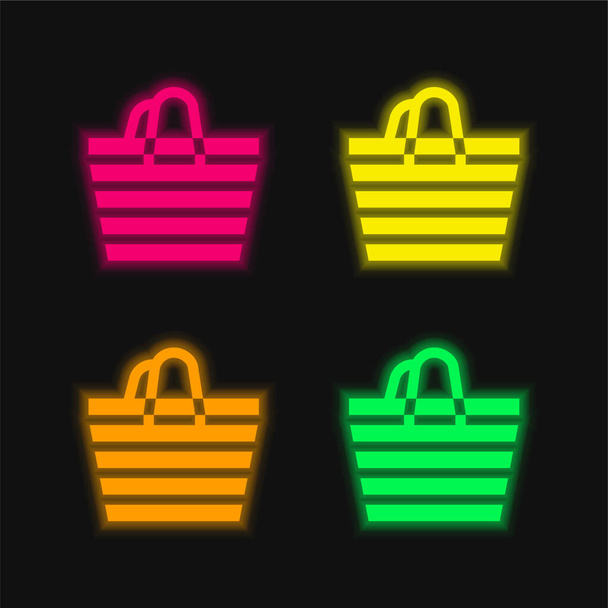 Bolsa de playa de cuatro colores brillante icono de vectores de neón - Vector, Imagen