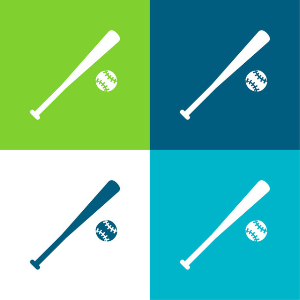 Équipement de balle de baseball Ensemble d'icônes minimal plat de quatre couleurs - Vecteur, image