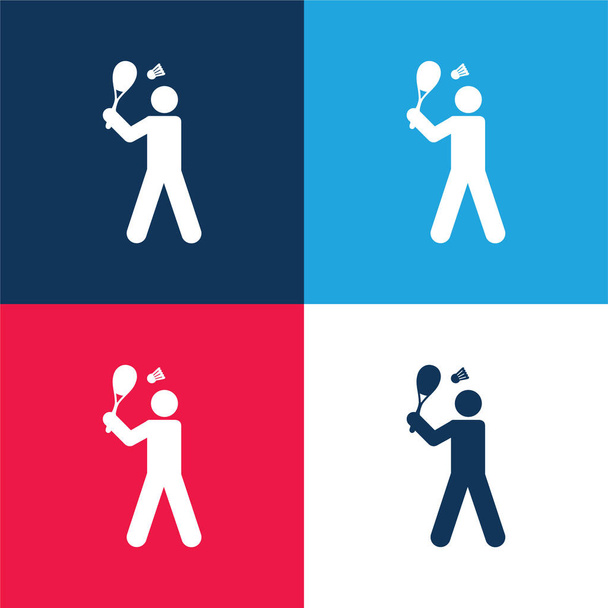 Badminton Player μπλε και κόκκινο τεσσάρων χρωμάτων ελάχιστο σύνολο εικονιδίων - Διάνυσμα, εικόνα