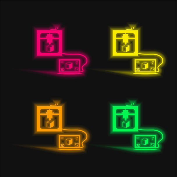 3d Printer Verbonden met Laptop Printing A Cube vier kleuren gloeiende neon vector icoon - Vector, afbeelding