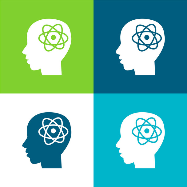 Σύμβολο Atom στο κεφάλι ανθρώπου Επίπεδη τέσσερις χρώμα ελάχιστο σύνολο εικονιδίων - Διάνυσμα, εικόνα