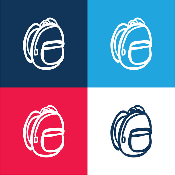 Rugzak Hand getekend Outline blauw en rood vier kleuren minimale pictogram set - Vector, afbeelding