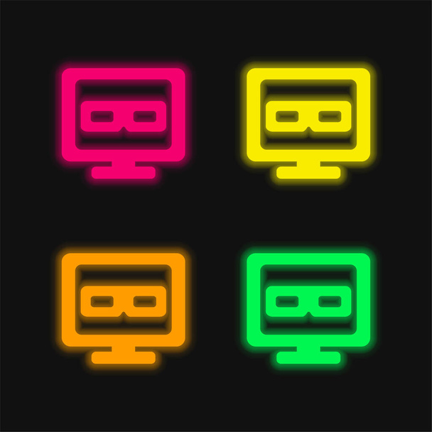 3D Televízió négy színes izzó neon vektor ikon - Vektor, kép