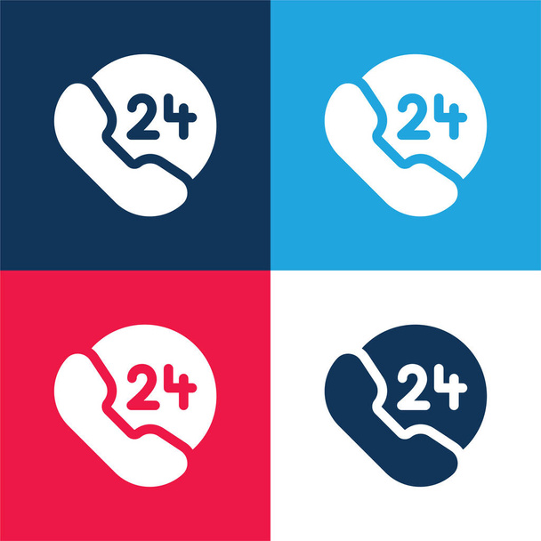 24 Hours blue and red four color minimal icon set - Vector, Image