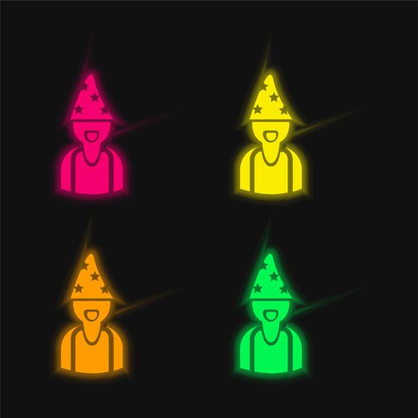 Astrologer Wearing Hat With Stars four color glowing neon vector icon - Vector, Image