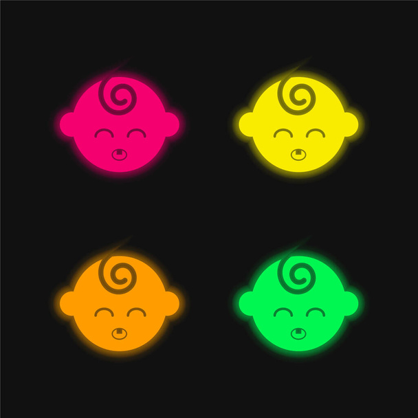 Black Baby Head With Closed Eyes four color glowing neon vector icon - Vector, Image