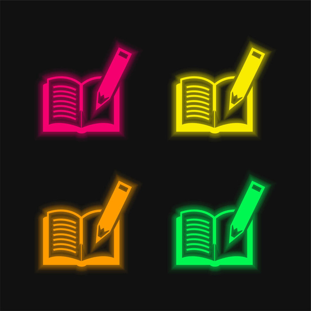 Book And Pen four color glowing neon vector icon - Vector, Image
