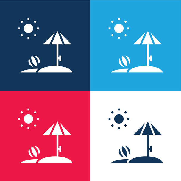 Playa azul y rojo conjunto de iconos mínimo de cuatro colores - Vector, imagen
