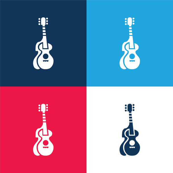 Gitara akustyczna z sylwetką niebieski i czerwony zestaw czterech kolorów minimalny zestaw ikon - Wektor, obraz