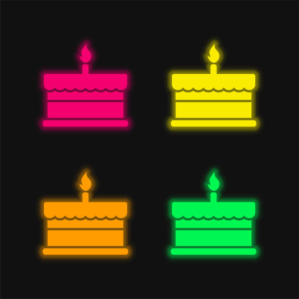 Торт на день рождения с одной горящей свечой 4 цвета светящийся неоновый вектор значок - Вектор,изображение