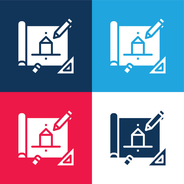 Architecture bleu et rouge ensemble d'icônes minimes quatre couleurs - Vecteur, image