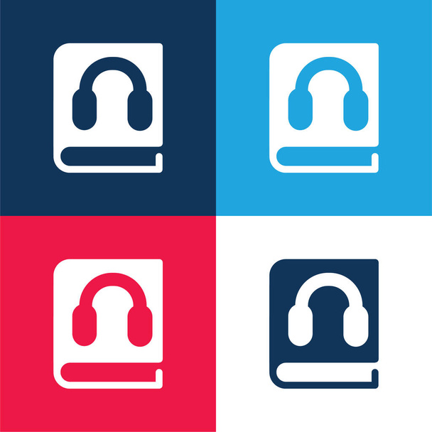Könyv fejhallgatóval Szimbólum kék és piros négy szín minimális ikon készlet - Vektor, kép