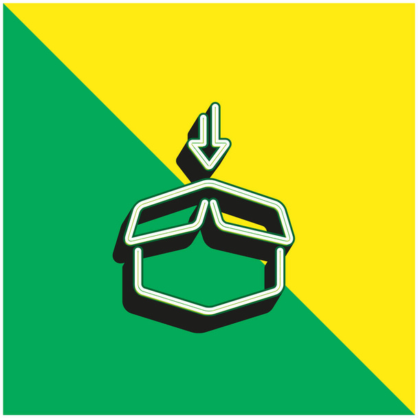 Doboz nyitott konténer nyíllal mutatva benne Zöld és sárga modern 3D vektor ikon logó - Vektor, kép