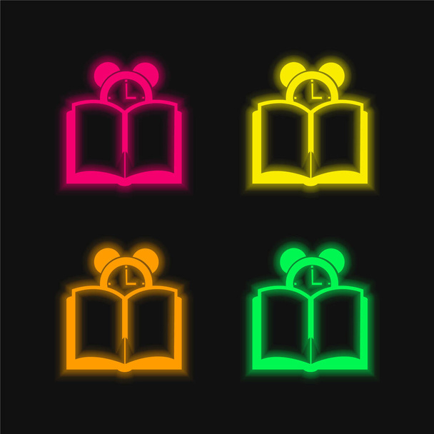 Buch und Uhr vier Farben leuchtenden Neon-Vektor-Symbol - Vektor, Bild