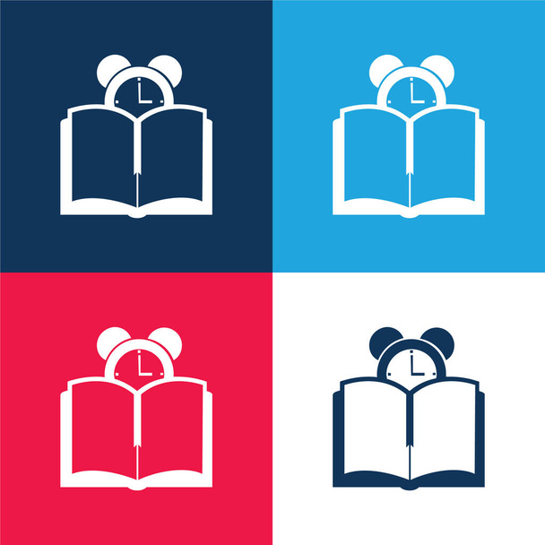 本と時計青と赤の4色の最小アイコンセット - ベクター画像