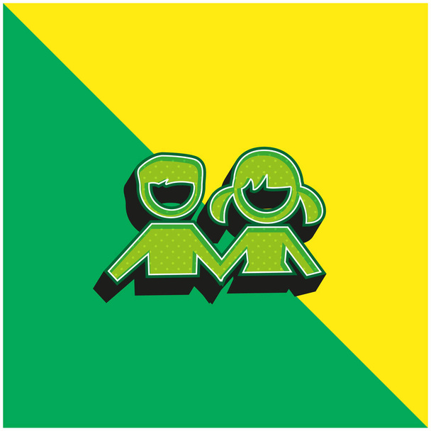 Αγόρι και κορίτσι μαθητές Πράσινο και κίτρινο σύγχρονο 3d διάνυσμα εικονίδιο λογότυπο - Διάνυσμα, εικόνα