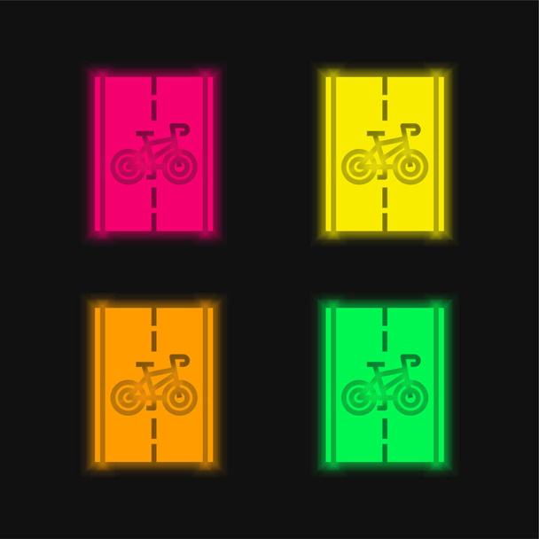 Bike Path négy színű izzó neon vektor ikon - Vektor, kép