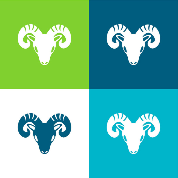 Ariete simbolo zodiacale della testa di capra frontale piatto quattro colori icona minima set - Vettoriali, immagini