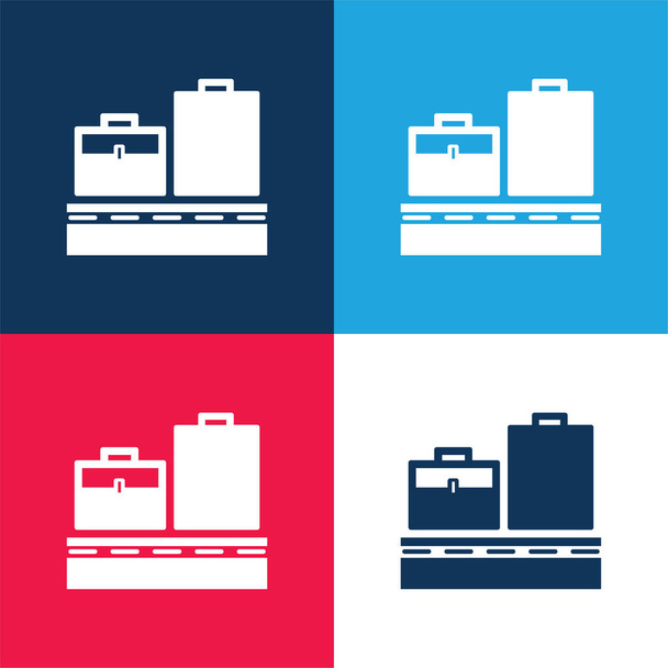 Bagage Op Transportband blauw en rood vier kleuren minimale pictogram set - Vector, afbeelding