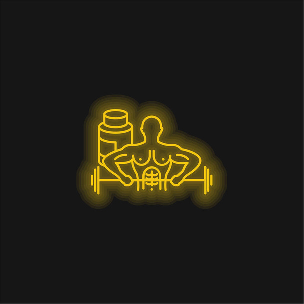 Bodybuilder Carrying Dumbbell yellow glowing neon icon - Vector, Image