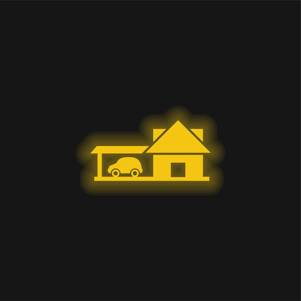 Большой дом с автомобилем Гараж желтый светящийся неоновый значок - Вектор,изображение
