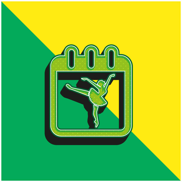 Ballerino sul calendario Pagina per ricordare Class Day Logo icona vettoriale 3D moderna verde e gialla - Vettoriali, immagini
