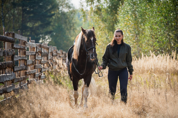 Dans le cadre d'un beau paysage de village d'automne, une fille et son majestueux cheval marchent - Photo, image