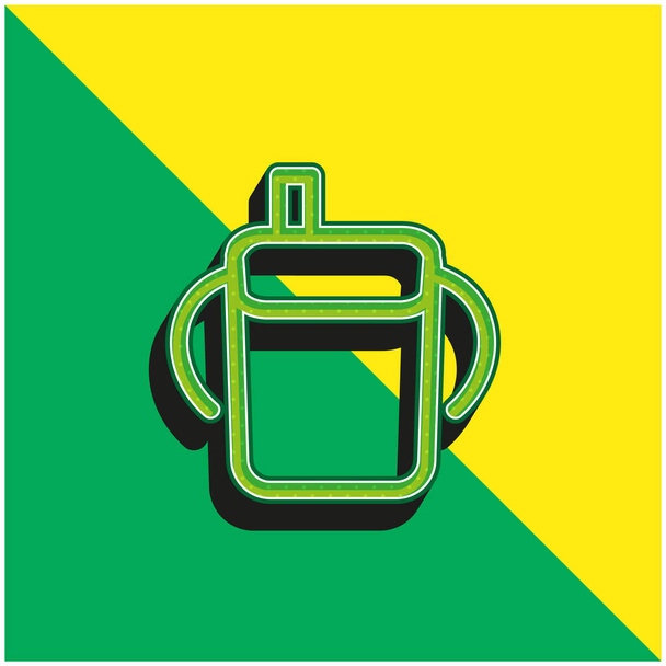 Baby Drinking Bottle Outline oldalsó fogantyúkkal Zöld és sárga modern 3D vektor ikon logó - Vektor, kép
