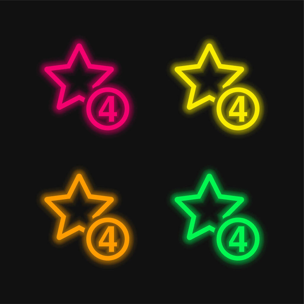 4 Stars Sign four color glowing neon vector icon - Vector, Image