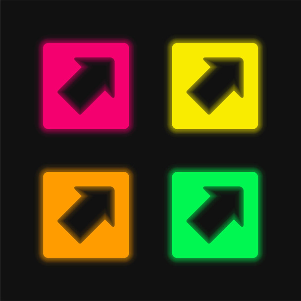 Flèche pointant en haut à droite dans un carré quatre couleur brillant icône vectorielle néon - Vecteur, image