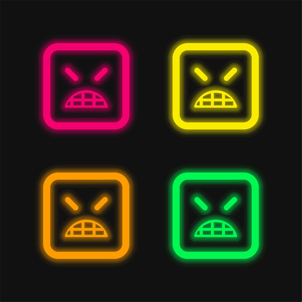 Angry Emoticon Квадратне обличчя із закритими очима чотири кольори, що світяться неоном Векторна піктограма
 - Вектор, зображення