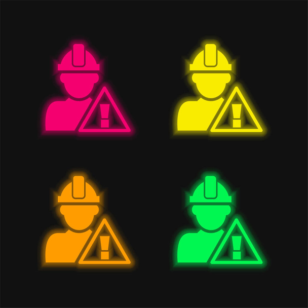 Sinal de atenção e trabalhador da construção ícone de vetor de néon brilhante de quatro cores - Vetor, Imagem