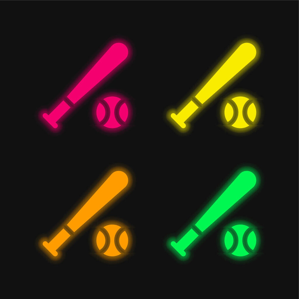 Baseball chauve-souris quatre couleurs brillant icône vectorielle néon - Vecteur, image