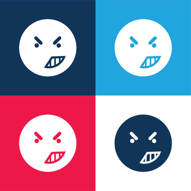 Woede Op Emoticon Face Of Rounded Square Outline blauw en rood vier kleuren minimale pictogram set - Vector, afbeelding