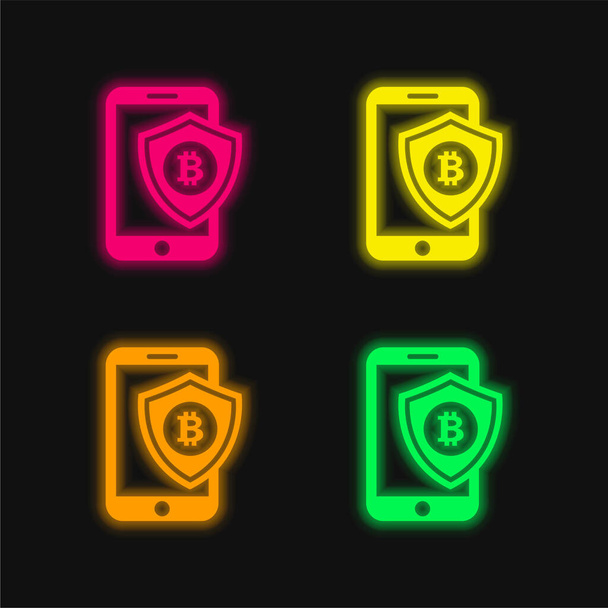 Bitcoin Mobile Phone Secure Shield four color glowing neon vector icon - Vector, Image