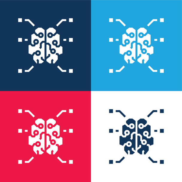 Брейн синий и красный четыре цвета минимальный набор значков - Вектор,изображение