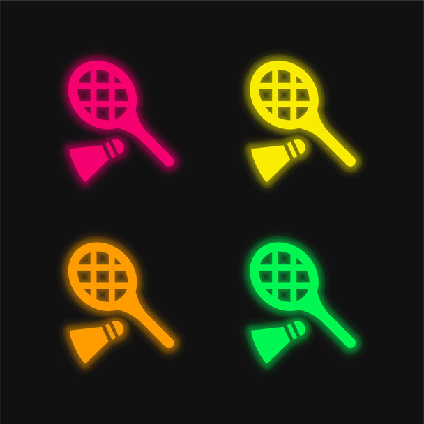 Badminton-Rakete und Feder vier Farben leuchtenden Neon-Vektor-Symbol - Vektor, Bild
