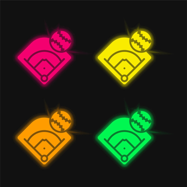 Champ de baseball quatre couleurs rougeoyantes icône vectorielle néon - Vecteur, image