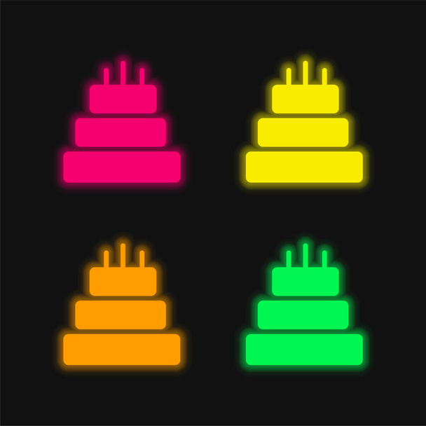Birthday Cake Of Three Cakes four color glowing neon vector icon - Vector, Image