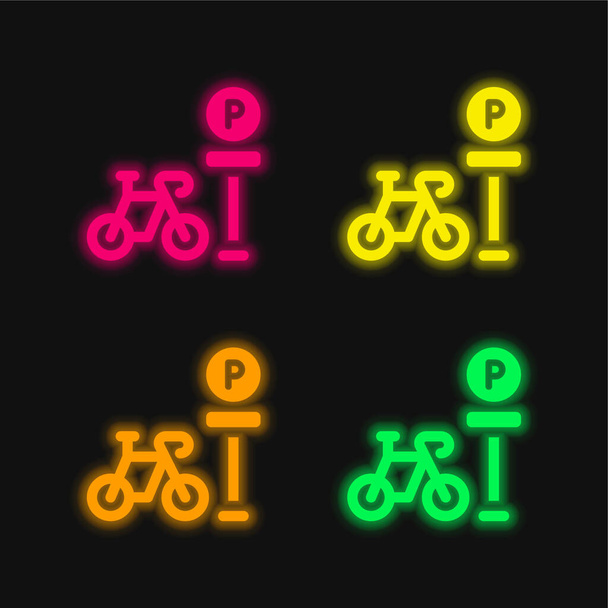 Bisiklet parketme dört renk neon vektör simgesi - Vektör, Görsel