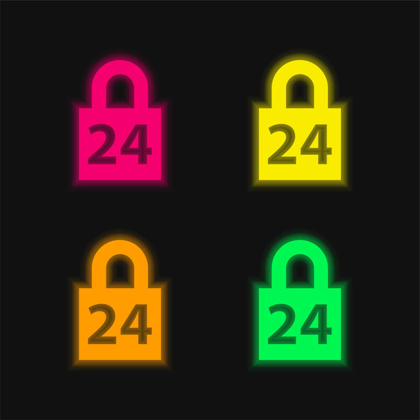 24 Hours Lock four color glowing neon vector icon - Vector, Image