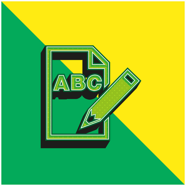ABC Γράμματα σε χαρτί με ένα μολύβι Διεπαφή Σύμβολο Πράσινο και κίτρινο σύγχρονο 3d διάνυσμα εικονίδιο λογότυπο - Διάνυσμα, εικόνα