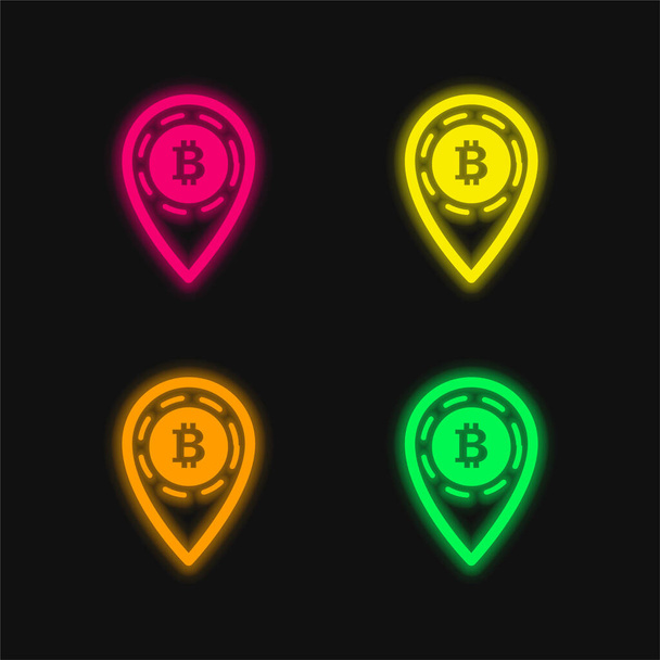 Bitcoin-Platzhalter vier Farben leuchtende Neon-Vektorsymbol - Vektor, Bild