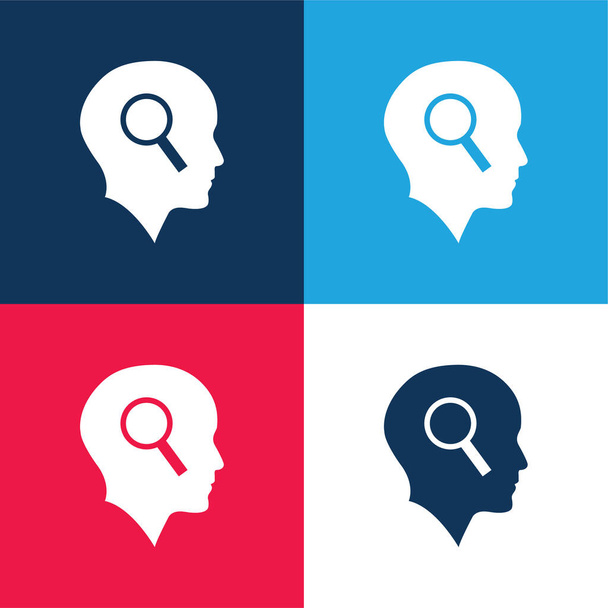 Bald Head With Magnifying Glass blue and red four color minimal icon set - Vector, Image
