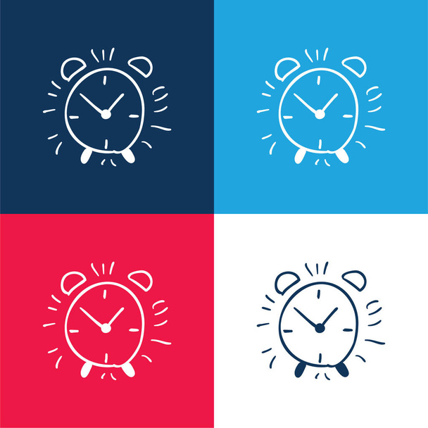 Relógio despertador mão desenhado esboço azul e vermelho quatro cores conjunto de ícones mínimos - Vetor, Imagem