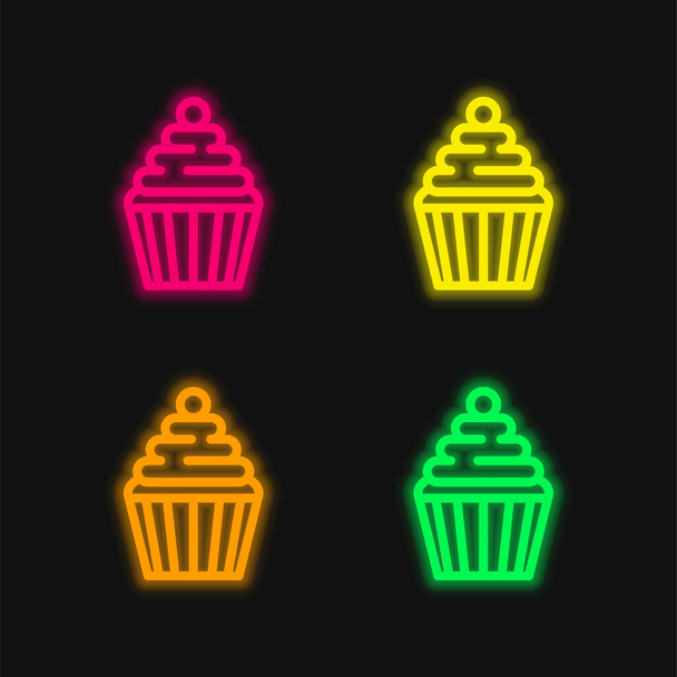 Iso Cupcake Cherry neljä väriä hehkuva neon vektori kuvake - Vektori, kuva