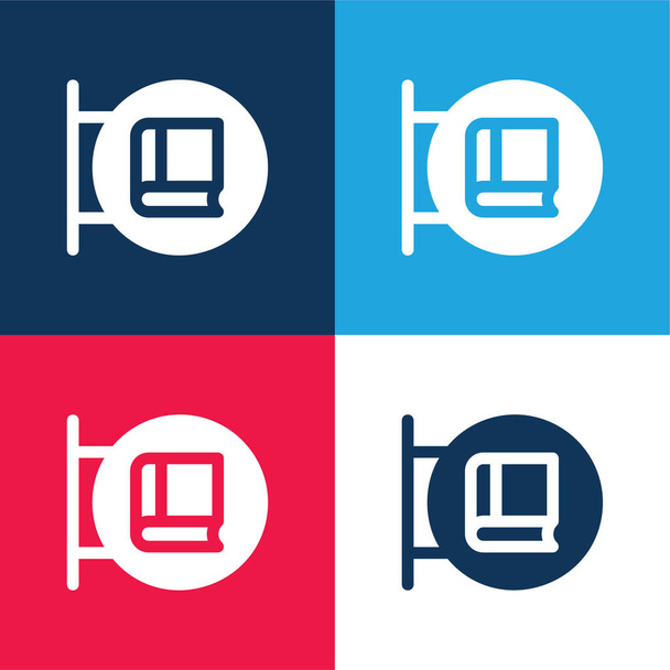 Librería azul y rojo conjunto de iconos mínimo de cuatro colores - Vector, imagen