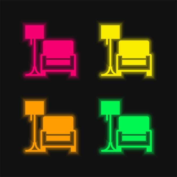 Sillón de cuatro colores brillante icono del vector de neón - Vector, Imagen